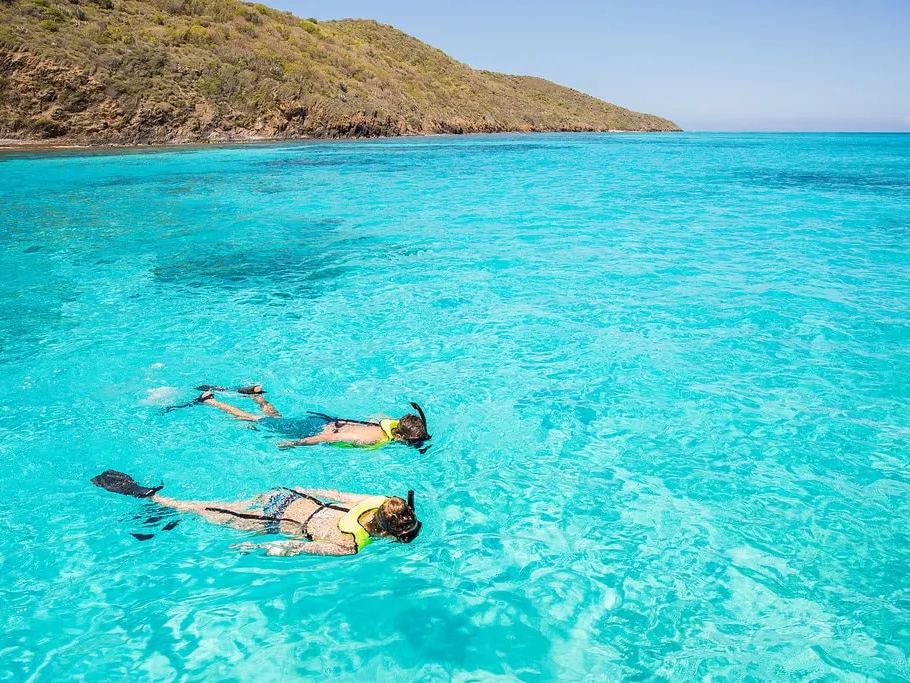 Two snorkelers floating over the reef in clear turquoise water at Buck Island