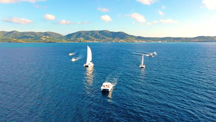 Aerial view of Caribbean Sea Adventures boats on turquoise water off St. Croix