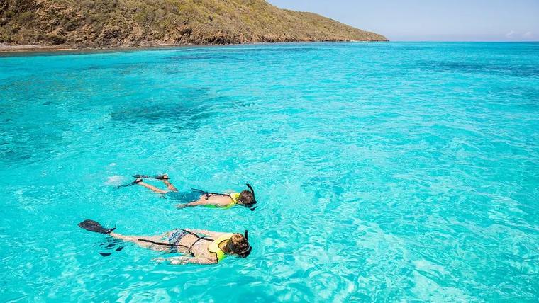 Two snorkelers floating over clear turquoise water at Buck Island