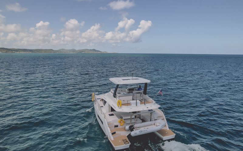 Aerial view of the Good Times power catamaran under way off St. Croix