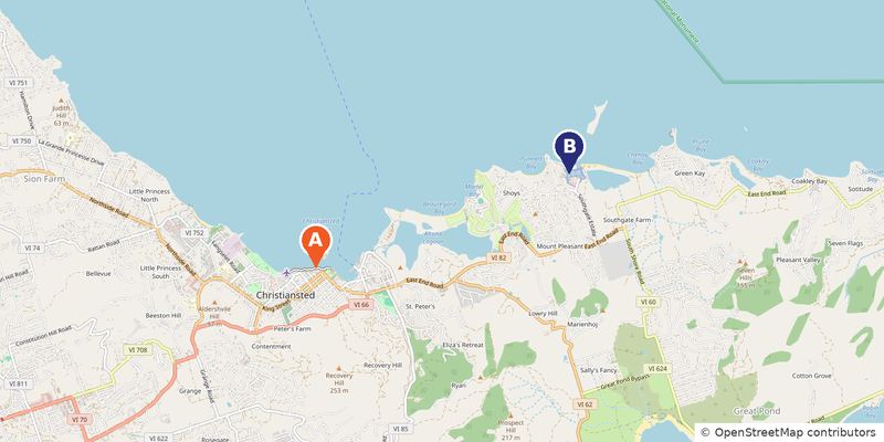 Map of Christiansted, St. Croix: A, our office and store at 1102 King St; B, Green Cay Marina; P, Strand and King Cross parking