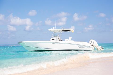 Smooth Recovery private charter boat beached on white sand