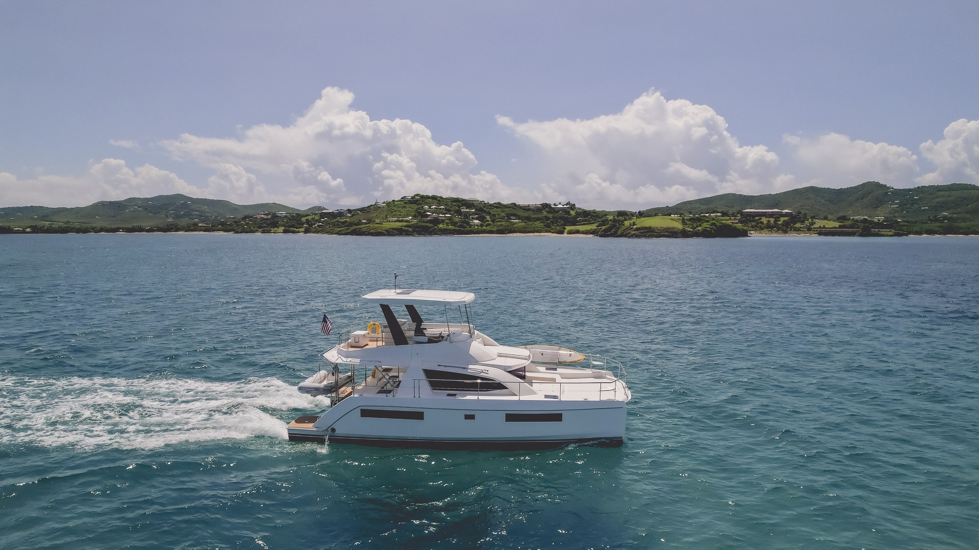 Aerial view of a Caribbean Sea Adventures power catamaran off St. Croix