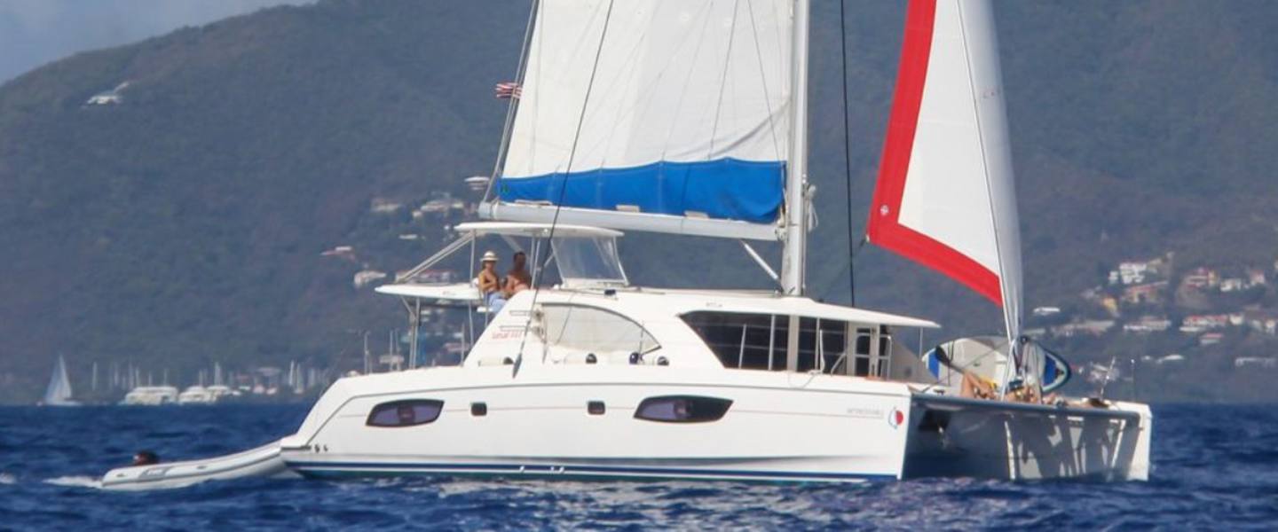 Inconceivable, a 42 ft Leopard sailing catamaran, under full sail off St. Croix