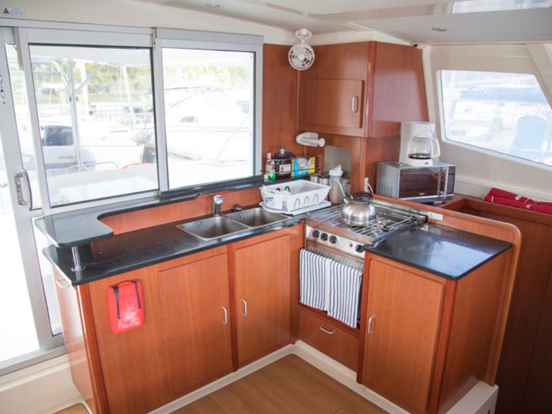 The galley inside the Inconceivable sailing catamaran